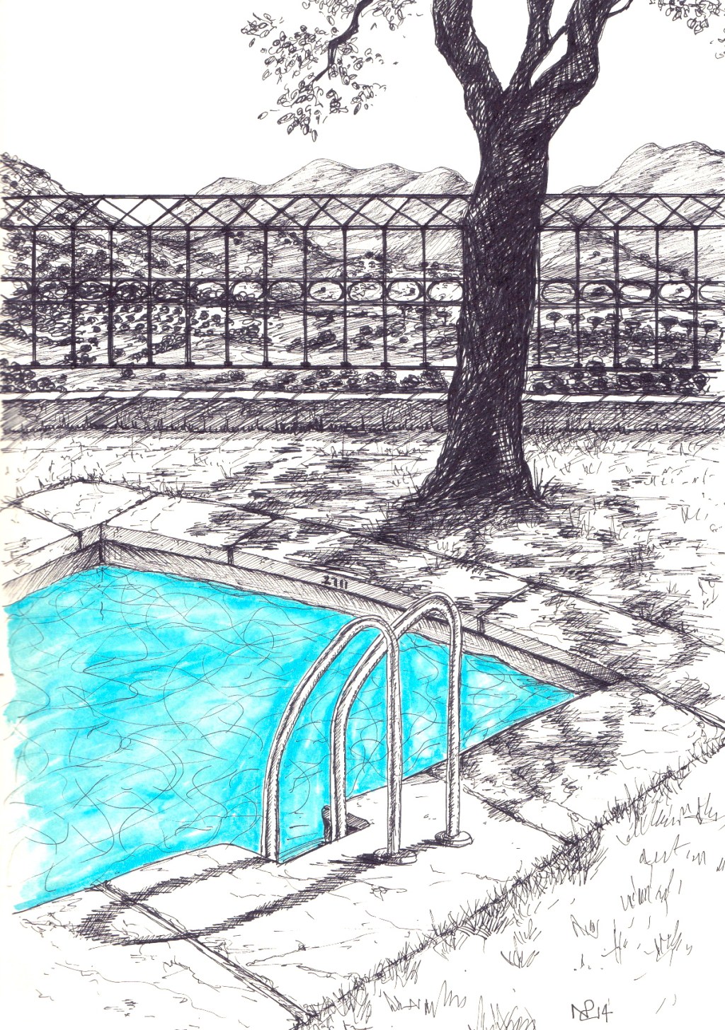 Ronda Sketch 3 - Paradores Pool (2014 © Nicholas de Lacy-Brown, pen and ink on paper)