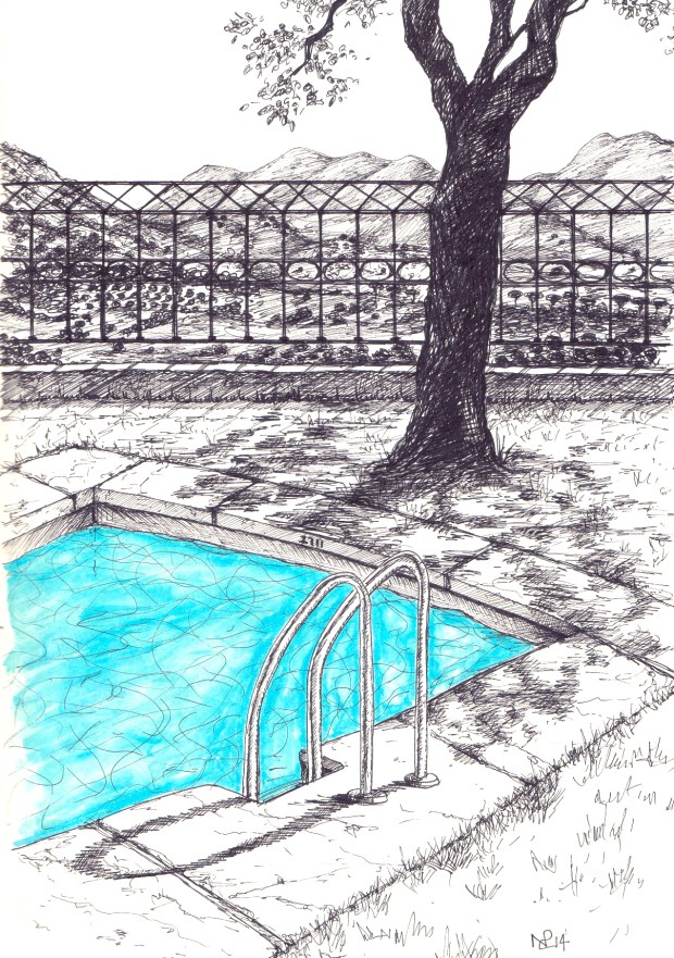 Ronda Sketch 3 - Paradores Pool (2014 © Nicholas de Lacy-Brown, pen and ink on paper)