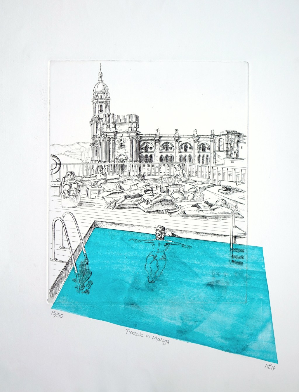 Malaga Poolside (2014 © Nicholas de Lacy-Brown, etching and woodblock on paper)