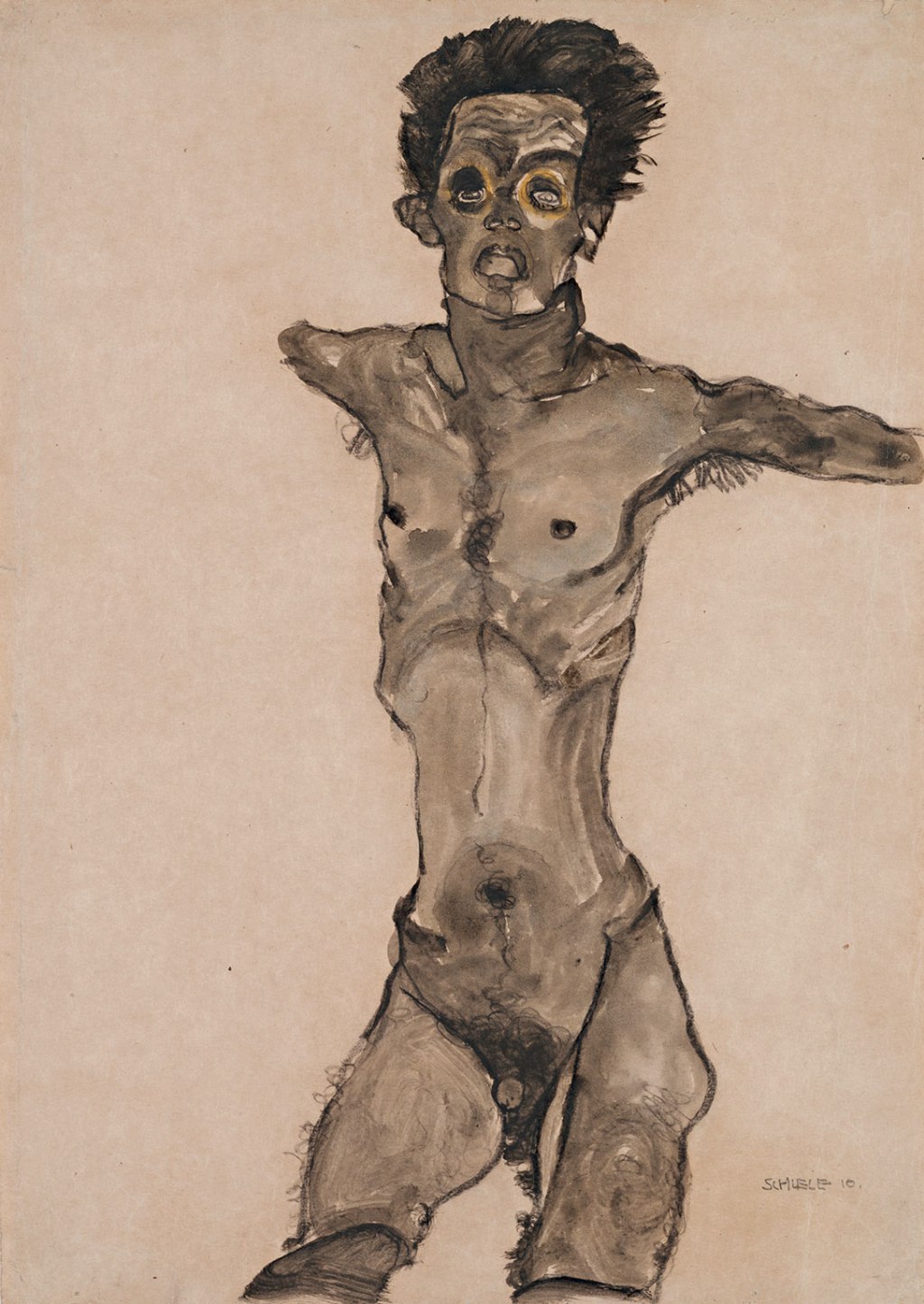 Nude Self-Portrait in Gray with Open Mouth, 1910