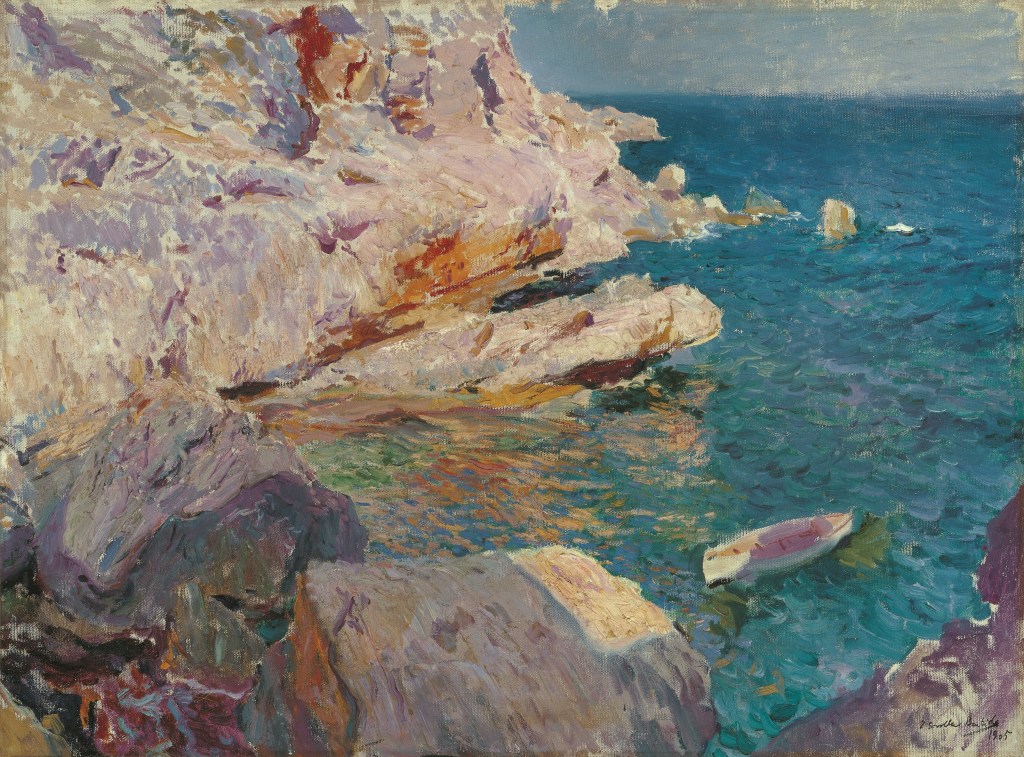 Joaquín Sorolla. Rocas de Jávea y el bote blanco, 1905.  © Colección Carmen Thyssen-Bornemisza en préstamo gratuito al Museo Carmen Thyssen Málaga