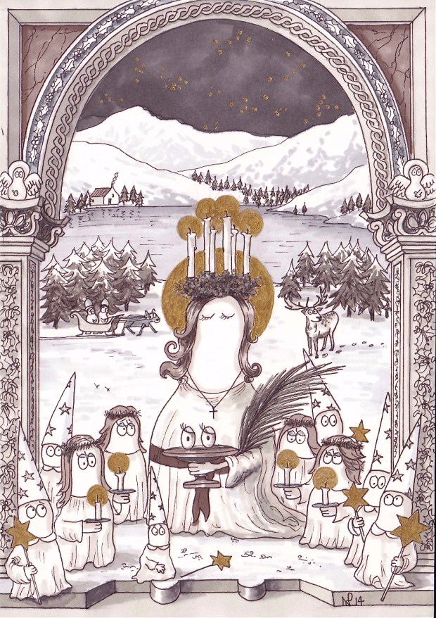 Santa Lucia Norm (2014 © Nicholas de Lacy-Brown, pen and gold paint on paper)