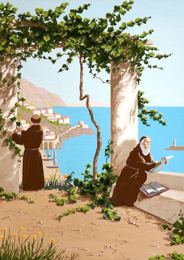 Interpretation No. 12: Capuchin Monks, Amalfi (2014-15 © Nicholas de Lacy-Brown, gouache on paper)