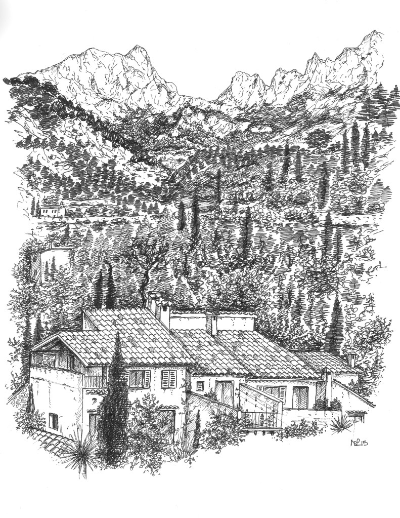 The Tramuntana viewed from Fornalutx (2015 © Nicholas de Lacy-Brown, pen on paper) 
