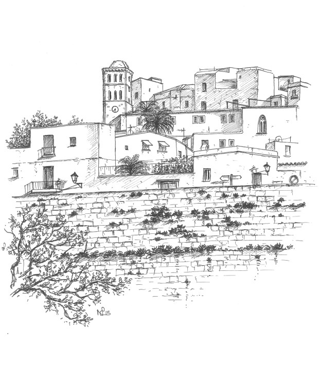 Ibiza Town (2015 © Nicholas de Lacy-Brown, pen on paper)