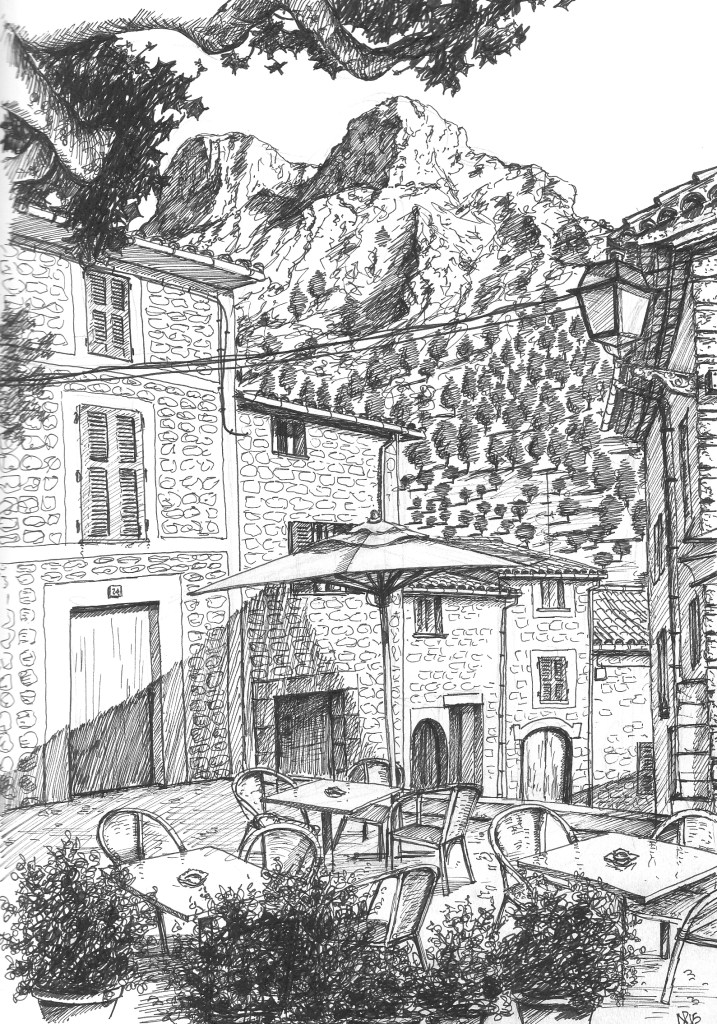 Cafe Corner, Biniaraix (2015 © Nicholas de Lacy-Brown, pen on paper)