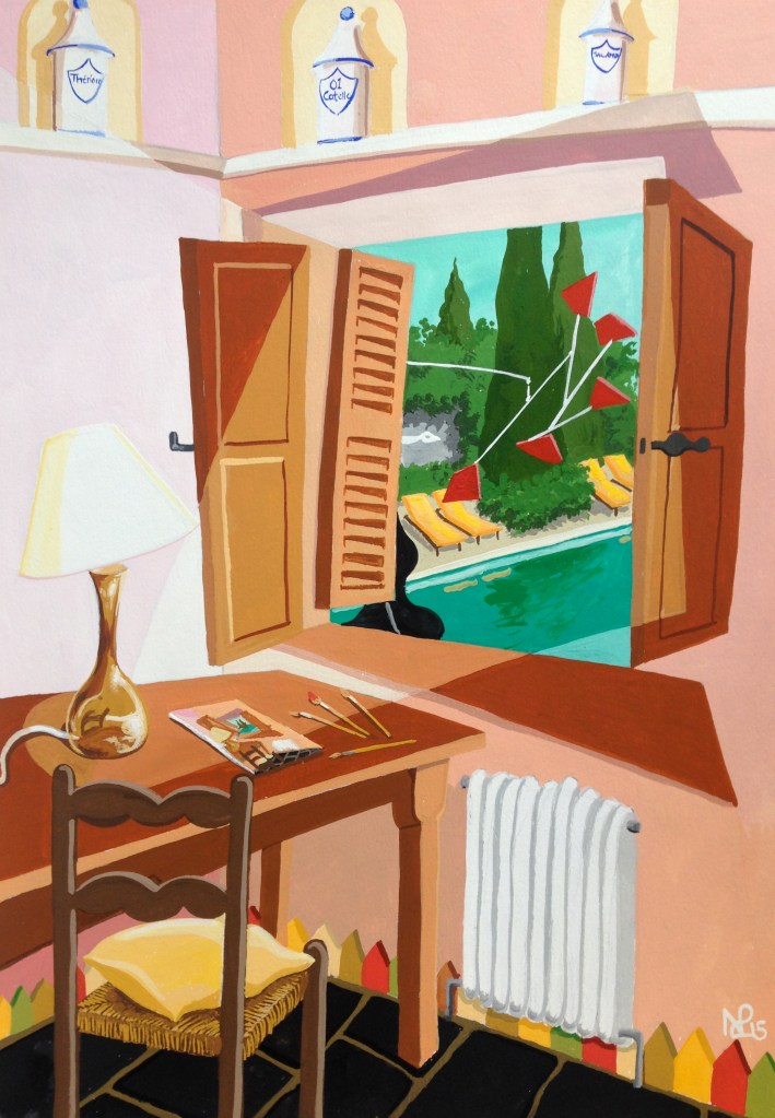 Honeymoon Suite I: Bedroom at La Colombe d'Or (2015 © Nicholas de Lacy-Brown, gouache on paper)
