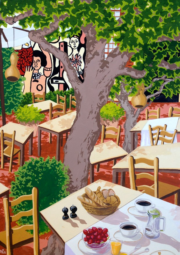 Breakfast at La Colombe d'Or (2015 © Nicholas de Lacy-Brown, gouache on paper)