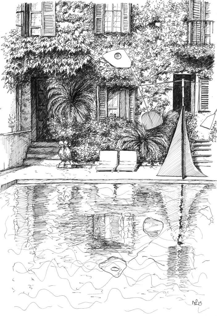 Poolside at La Colombe d'Or (2015, pen on paper © Nicholas de Lacy-Brown)
