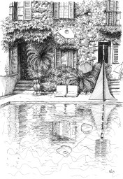 Poolside at La Colombe d'Or (2015, pen on paper © Nicholas de Lacy-Brown)