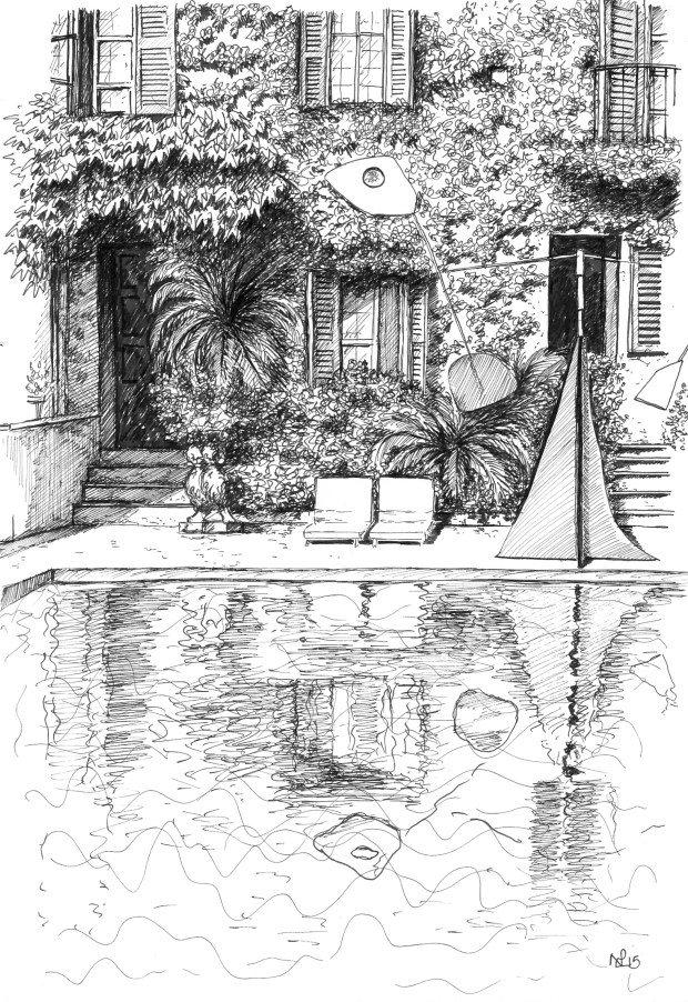 Poolside at La Colombe d'Or (2015, pen on paper © Nicholas de Lacy-Brown)