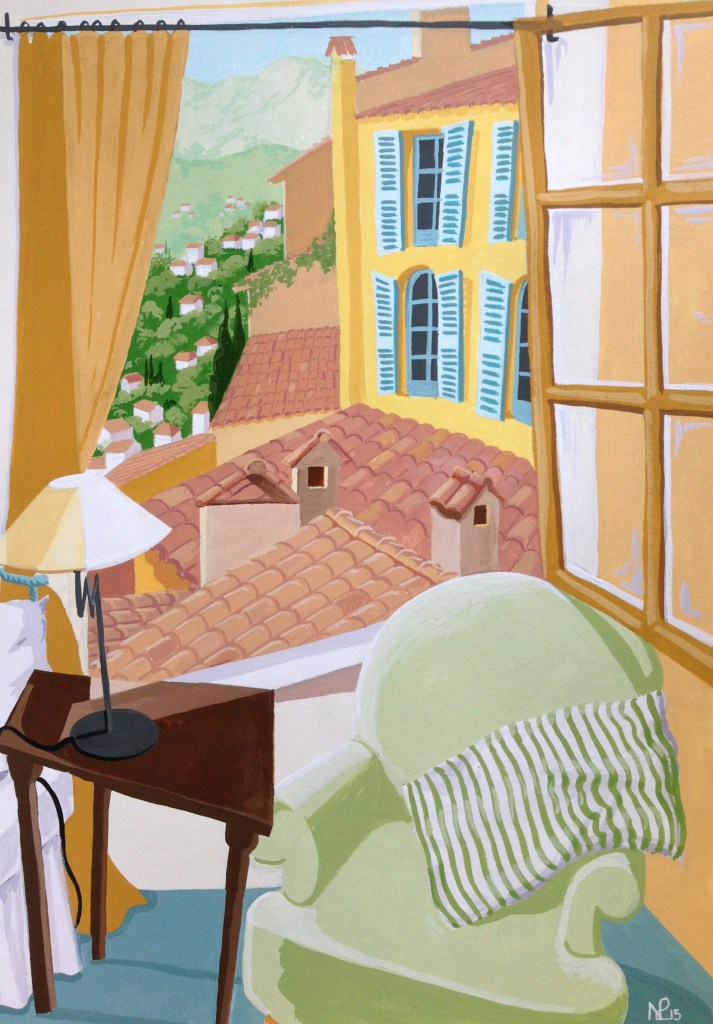 Honeymoon Suite II: Bedroom in the Chateau de Cagnard (2015 © Nicholas de Lacy-Brown, gouache on paper)
