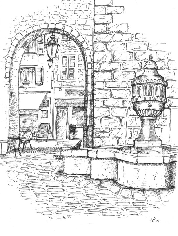 The Peyra Gate, Vence (2015 © Nicholas de Lacy-Brown, pen on paper)