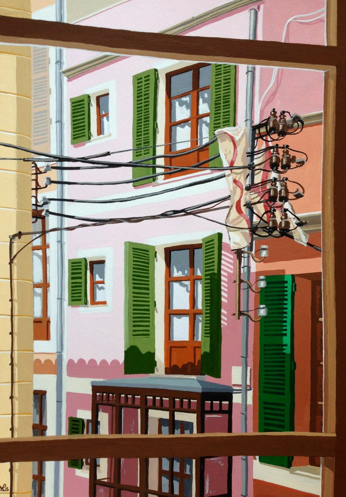 Ocho Balcones No. 2: Cables in the Calle (2015 © Nicholas de Lacy-Brown, gouache on paper)