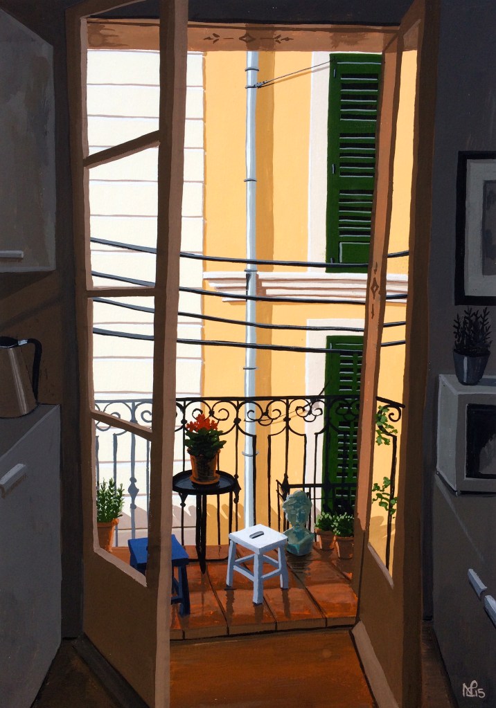 Ocho Balcones No. 3: KItchen Contrast (2015 © Nicholas de Lacy-Brown, gouache on paper)