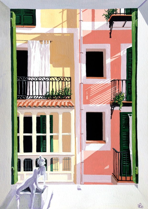 Ocho Balcones, No.5: The Summer Bathroom (2015 © Nicholas de Lacy-Brown, gouache on paper)
