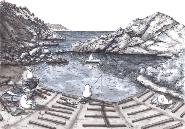 Norms in the Embarcadero of S'Estaca (2015 © Nicholas de Lacy-Brown, pen and ink on paper)