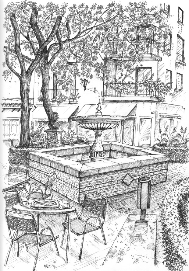 Plaza de la Victoria, Marbella (2015 © Nicholas de Lacy-Brown, pen on paper)