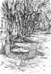 Cafe at the Calatrava Hotel (2015 © Nicholas de Lacy-Brown, pen on paper)