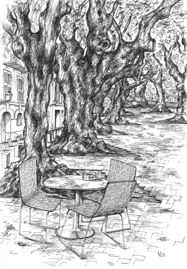 Cafe at the Calatrava Hotel (2015 © Nicholas de Lacy-Brown, pen on paper)