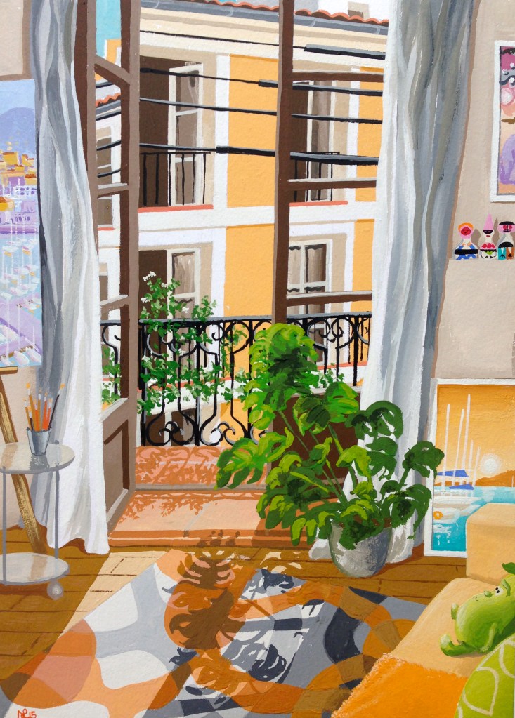 Ocho Balcones VIII: The Artist's Studio (2015 © Nicholas de Lacy-Brown, gouache on paper)