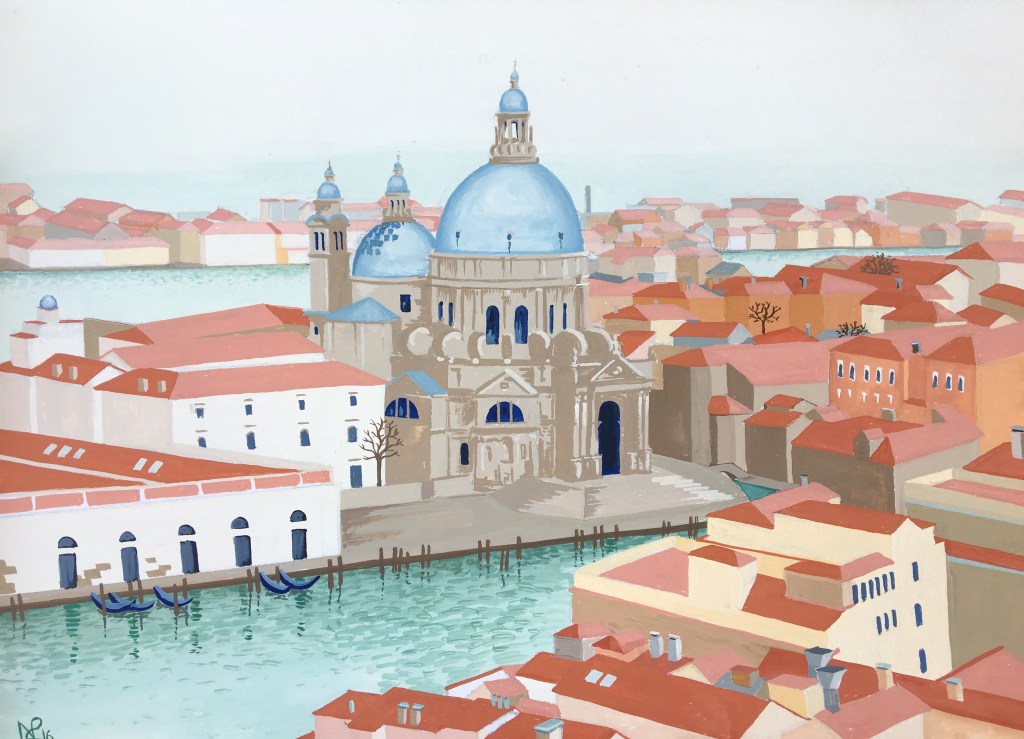 Interpretation No. 19: Venice, the Dorsoduro from above (2016 © Nicholas de Lacy-Brown, gouache on paper)